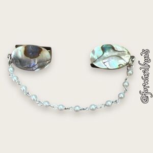 Vintage Abalone Sweater Clip with Faux Pearl Beaded Chain